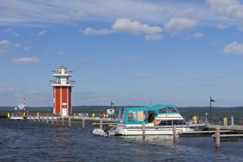 Jetty with lighthouse in the Plauer See at Plau am See