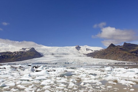 View over the glacier lake Fjallsarlon and Icelandic glacier Fjallsjoekull