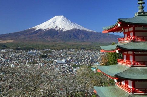 Mount Fuji and five story pagoda Fujiyoshida city Yamanashi Japan
