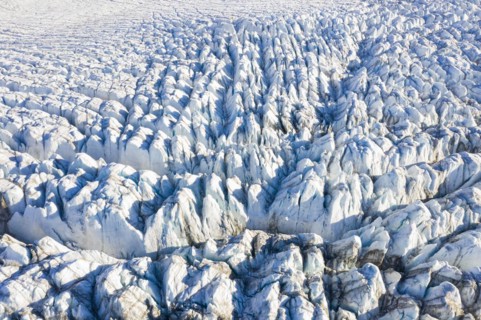 Aerial view over seracs and crevasses on Recherchebreen