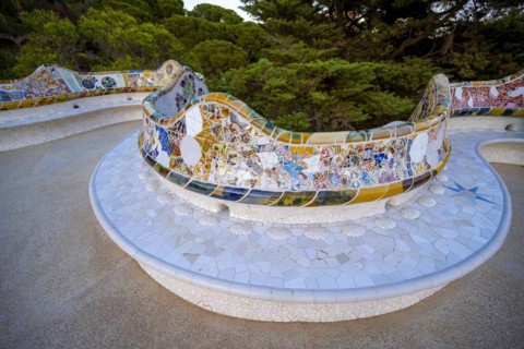 Benches with colourful mosaic