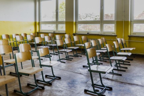 Chairs standing in a classroom of the old primary school in Trinwillershagen