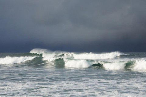 Stormy sea with strong swells on open sea