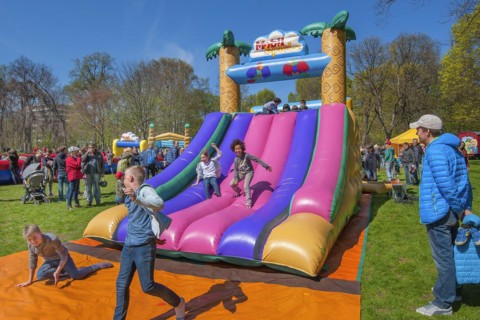 Inflatable plastic slide in springtime Luitpoldpark