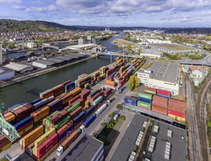 Neckar harbour with containers and rails