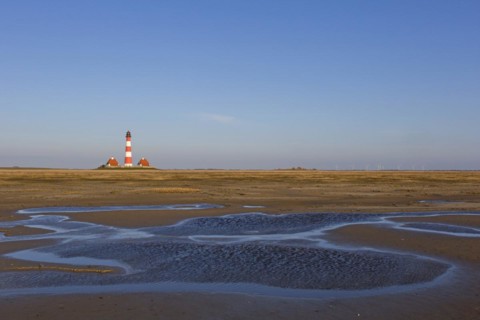 Mudflat and saltmarsh in front of the lighthouse Westerhever in spring