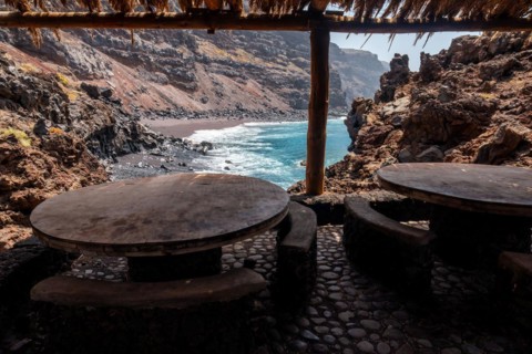 Eating and barbecue areas on the Verodal beach on El Hierro Island. Canary Islands