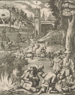 Tortured pirates under the watchful eyes of soldiers