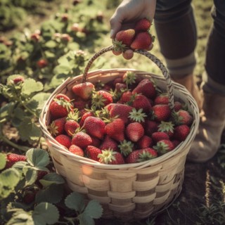 Raffia basket with fresh strawberries in a natural environment in a field