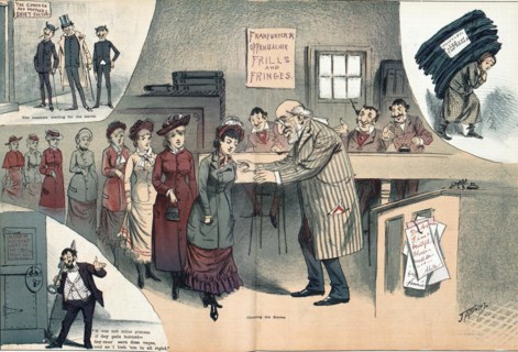 The Slaves of the Jews. The illustration shows a row of woman seeking work standing in front of a leering man