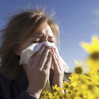 Hay fever child suffers from hay fever and is surrounded by pollen flowers