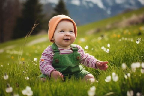 A laughing baby in a woolly hat sits on a green alpine meadow in the mountains among white flowers