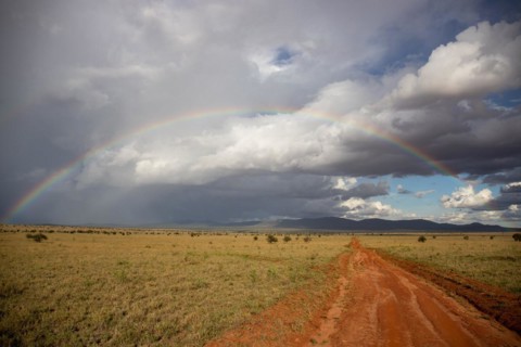 Beautiful wide landscape up to the horizomt and rainbows in the savannah of the Taita Hills Wildlife Sanctuary