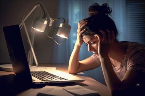 Young woman sitting exhausted at a notebook