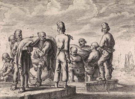 Slaves carrying a canvas in the harbour