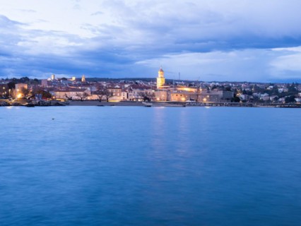 Krk town harbour promenade and cathedral