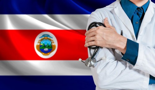 Doctor with stethoscope on Costa Rica flag. Health and care with flag of Costa Rica. Costa Rica national health concept