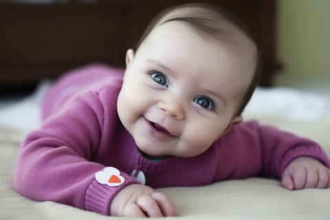 A laughing dark-haired baby in a purple romper suit