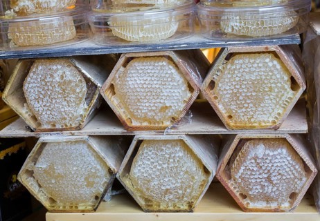 Sweet fresh honey in the sealed comb frame