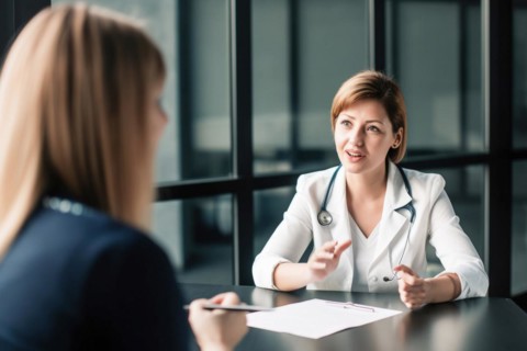 A doctor in a white coat with a stethoscope talking to a patient
