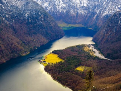 View from above of Koenigssee and Sankt Bartholomae