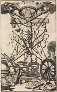 Instruments of torture suspended from the cross