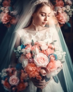 A bride in a white wedding dress holds a beautiful bridal bouquet