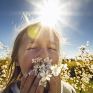 Hay fever child suffers from hay fever and is surrounded by pollen flowers