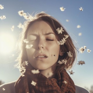 Hay fever child suffers from hay fever and is surrounded by pollen flowers