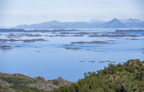 View of sea with archipelago islands from Svellingsflaket and mountains