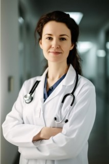 A doctor in a white coat with a stethoscope talking to a patient