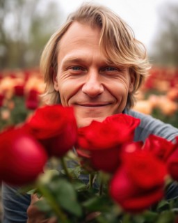 A man with a bouquet of flowers