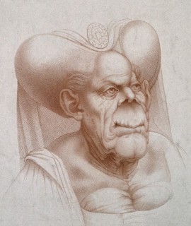 Head and shoulders of a ghastly old woman wearing a bow over a headband