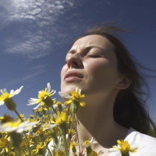Hay fever child suffers from hay fever and is surrounded by pollen flowers