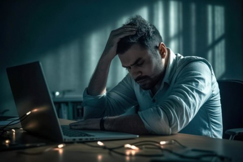 A man sits exhausted at a notebook