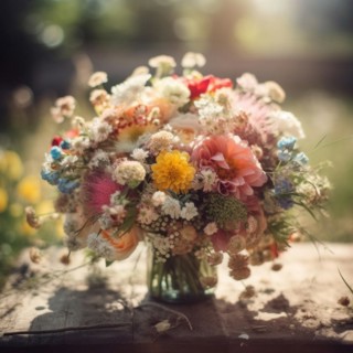 A colourful bouquet of wildflowers in warm sunlight