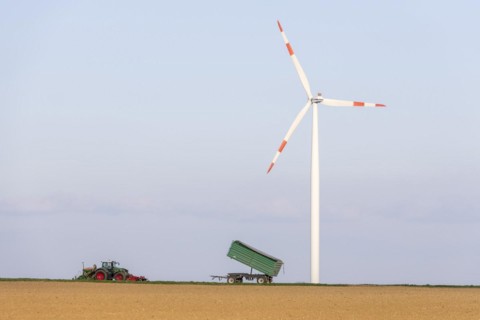 Tractor with trailer sowing grain in a field