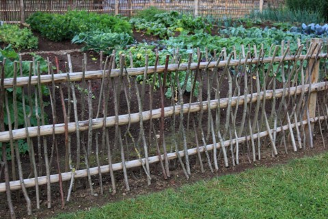Cottage garden with wattle fence made of branches and twigs