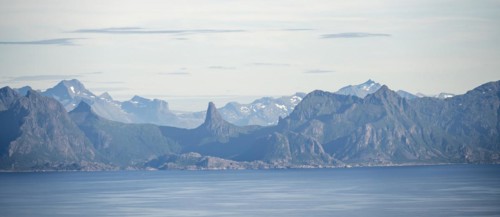 Pointed rocky mountains and sea