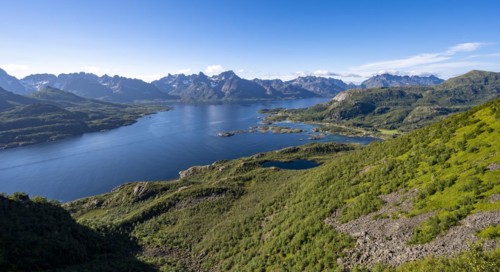 Fjord Raftsund and mountains