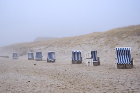 Empty beach chairs on a sandy beach