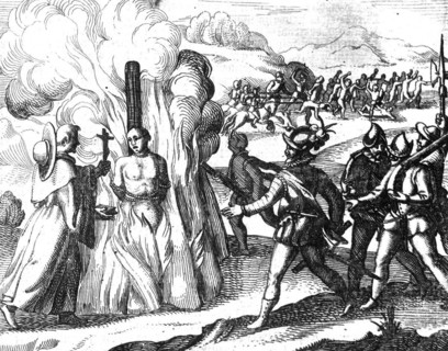 The Spaniards burn a man at the stake. A member of the clergy or priest holds out a Bible and a crucifix to the man who is to be burned or tortured. Spaniards on horseback pursuing Native Americans in...