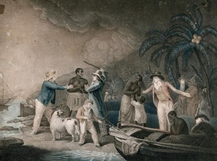 Slave traders have arrived on an island to enslave some of the black inhabitants. A desperate man sits in a boat