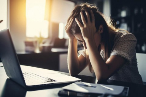 Young woman sitting exhausted at a notebook