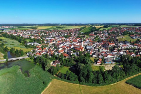 Aerial view of Frontenhausen a market in the Lower Bavarian district of Dingolfing-Landau