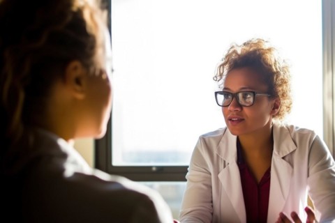 A doctor in a white coat talking to a patient