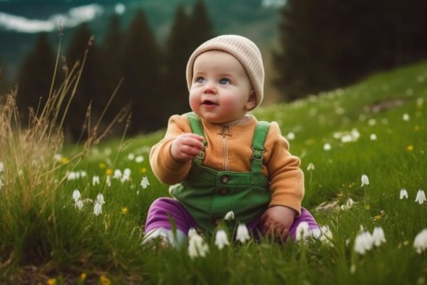 A baby in a woolly hat sits on a green alpine meadow in the mountains among white flowers
