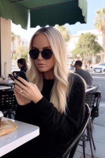 A young woman in her early twenties with blonde hair and dark sunglasses sits in a street cafe looking at her mobile phone
