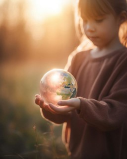 A young girl gently holds a globe in her hands