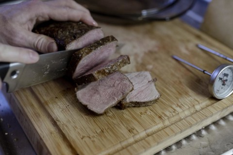 Beef roast is cut into pieces